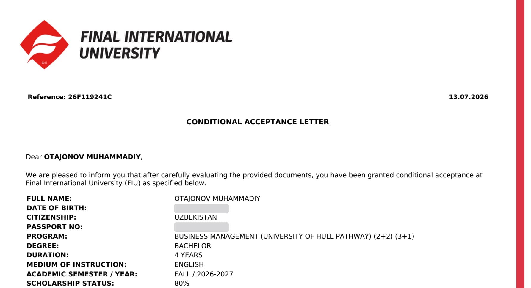 Otajonov Muhammadiy — Final International University · 80% grant