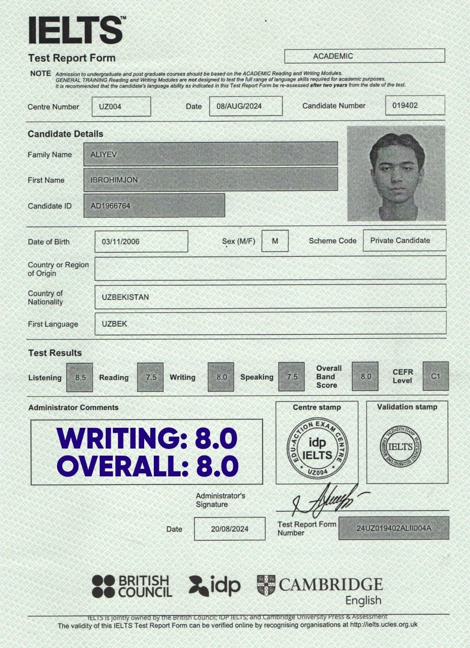 Aliyev Ibrohimjon — IELTS certificate
