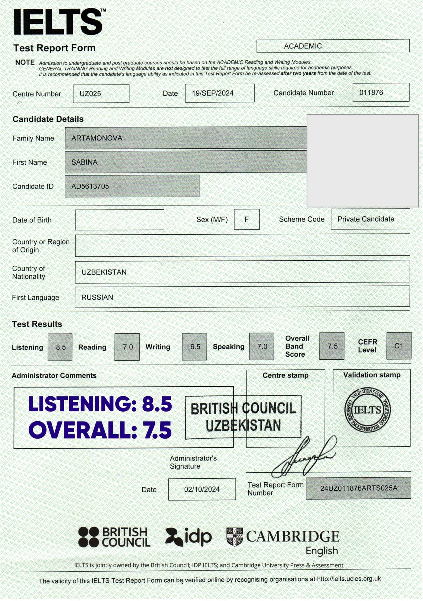 Sabina A. — IELTS 7.5
