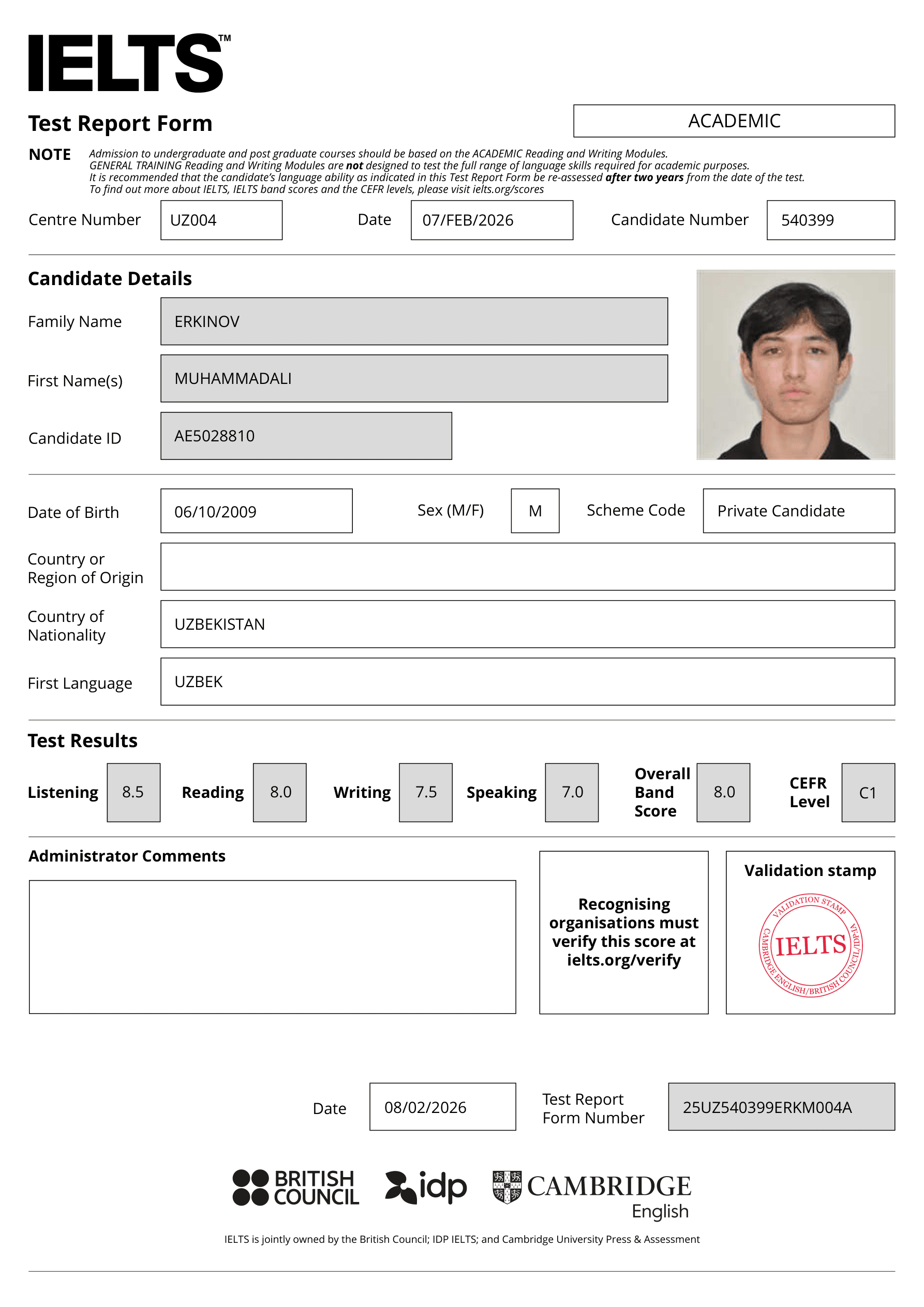 Erkinov Muhammadali — IELTS certificate