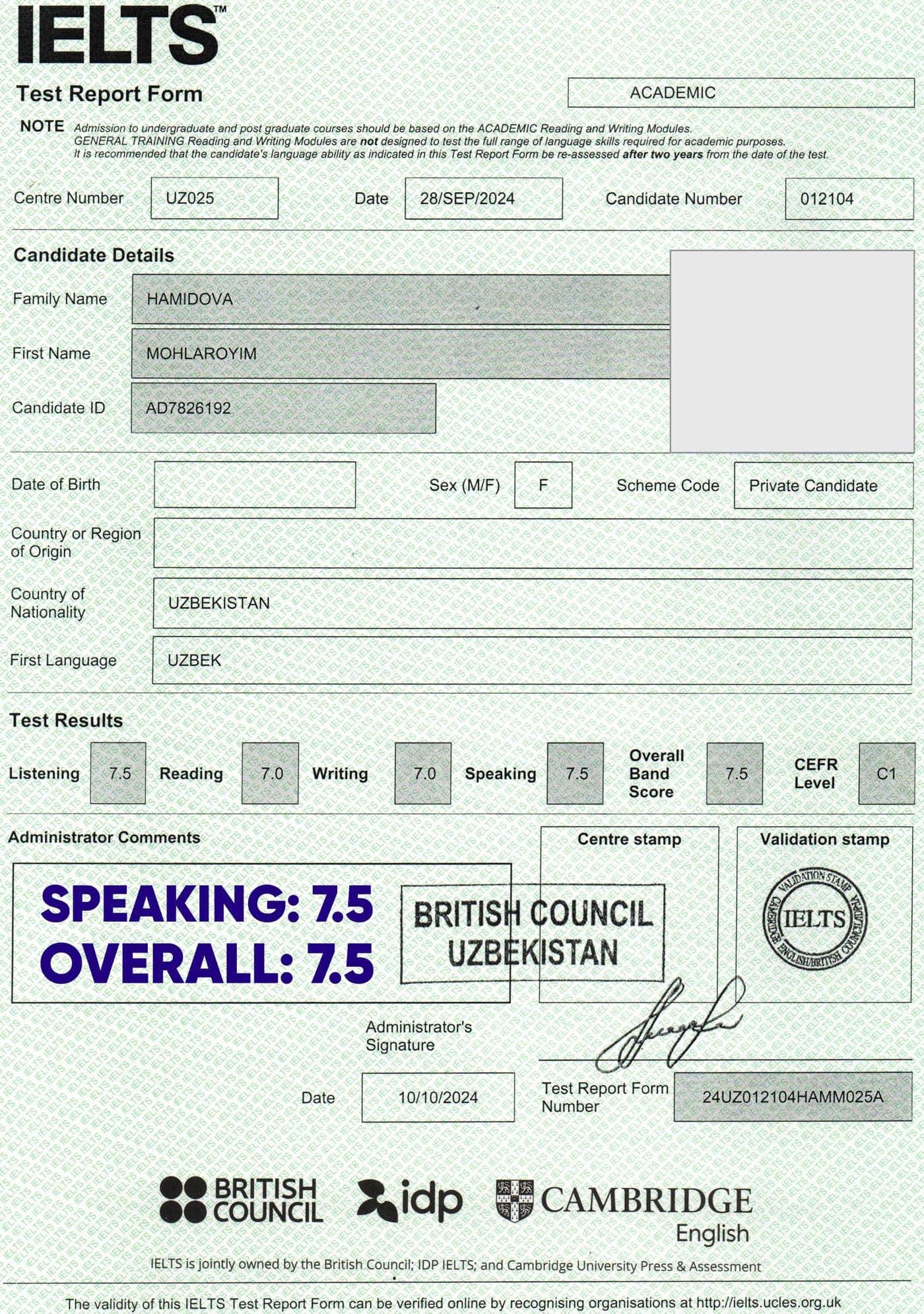 Mohlaroyim H. — IELTS 7.5