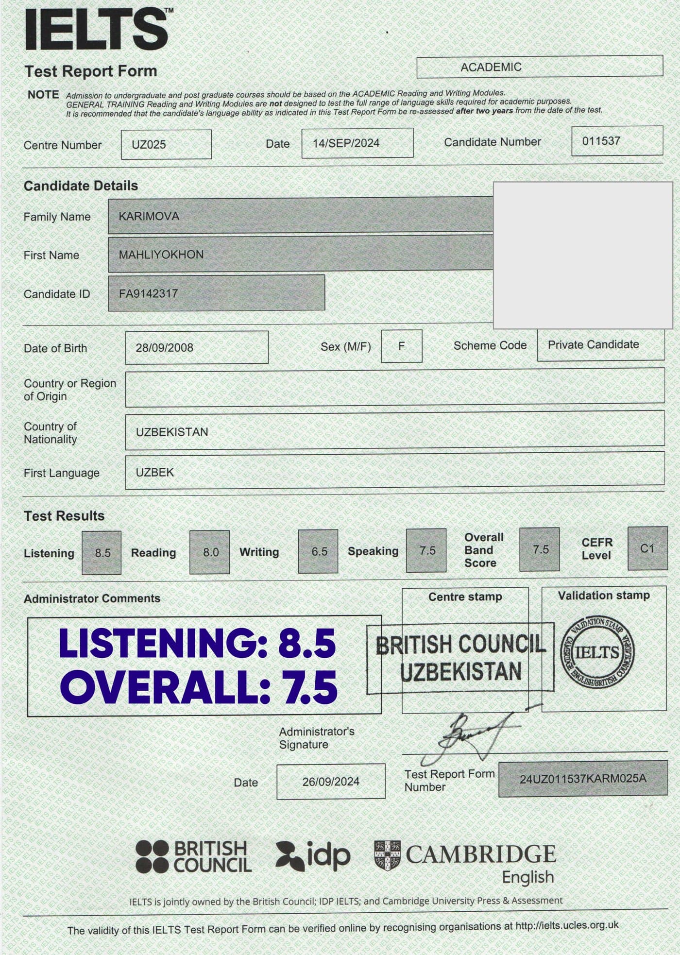 Mahliyokhon K. — IELTS 7.5