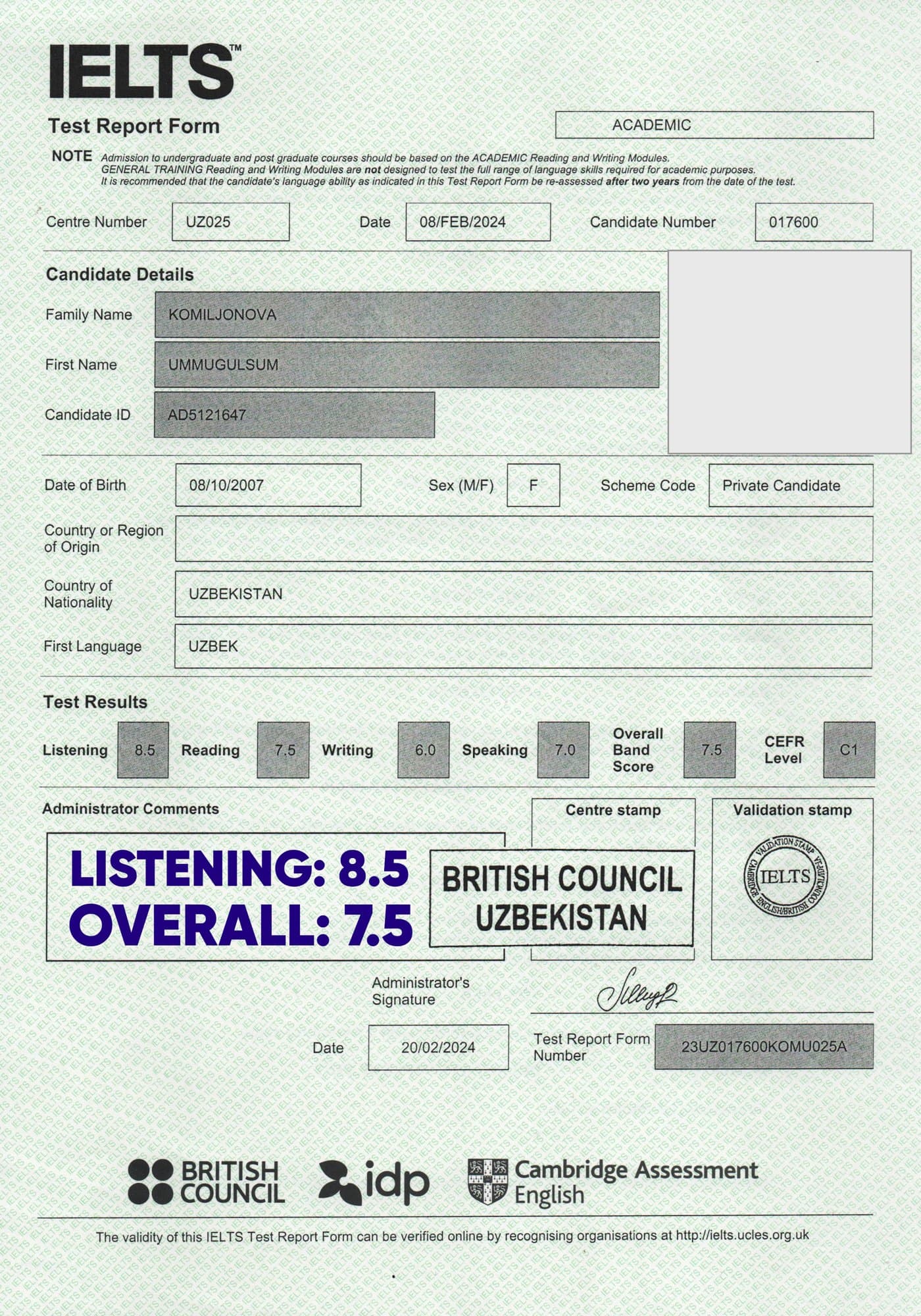 Ummugulsum K. — IELTS 7.5
