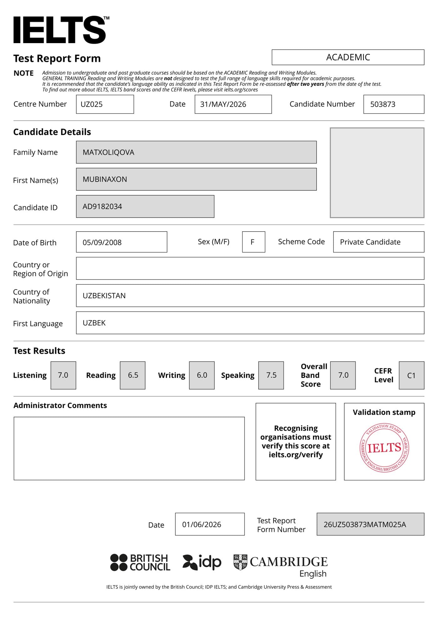 Mubinaxon M. — IELTS 7.0