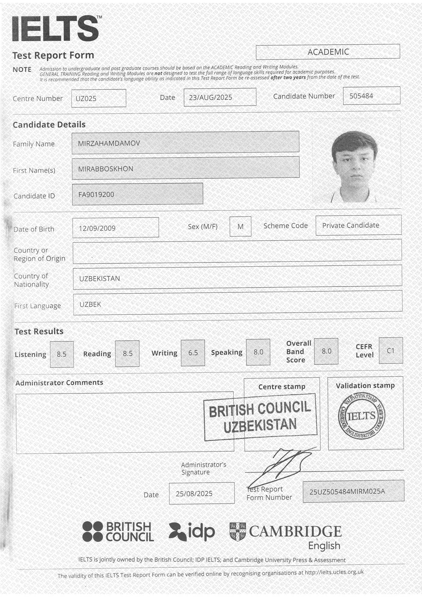 Mirzahamdamov Mirabboskhon — IELTS certificate
