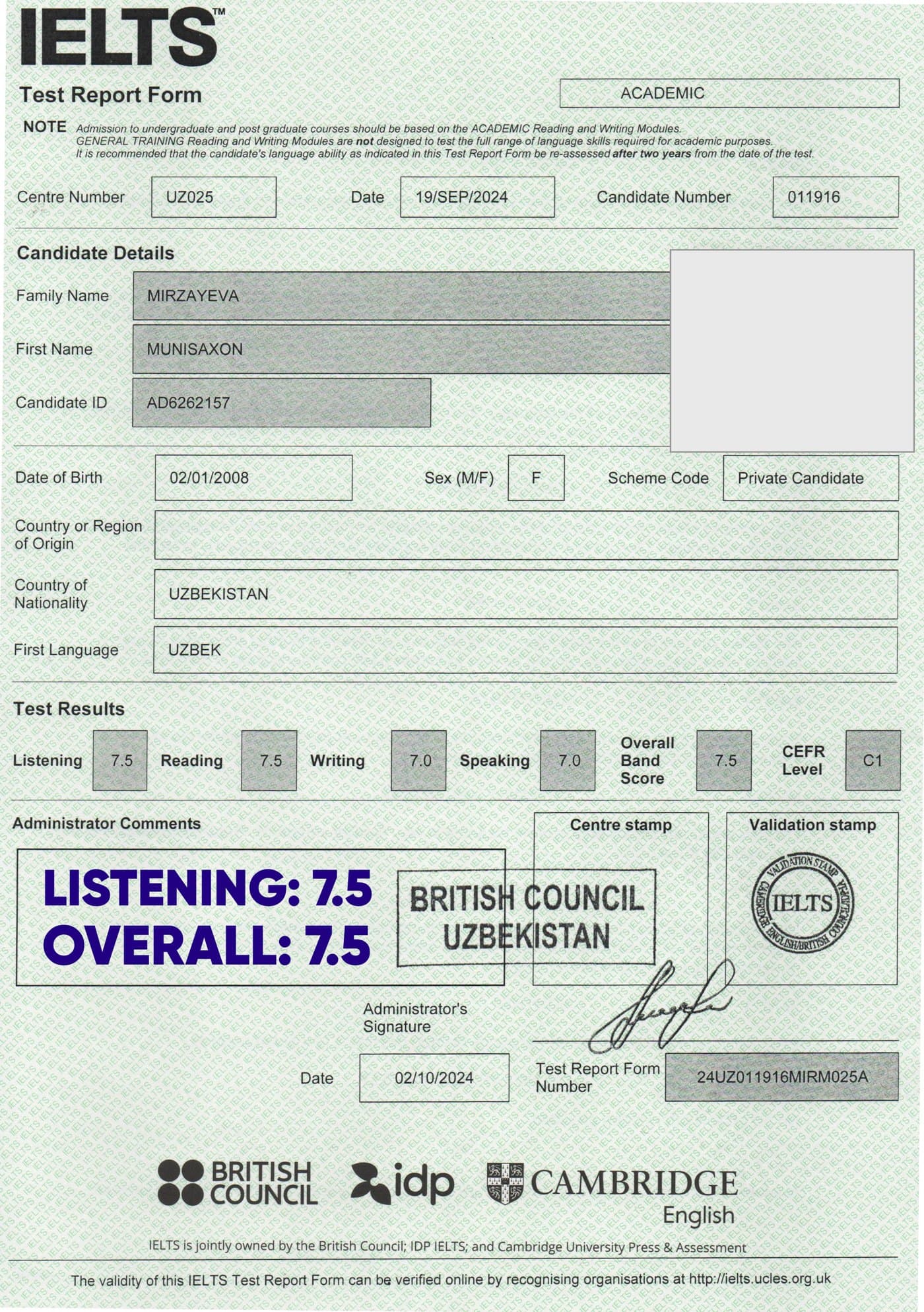 Munisaxon M. — IELTS 7.5