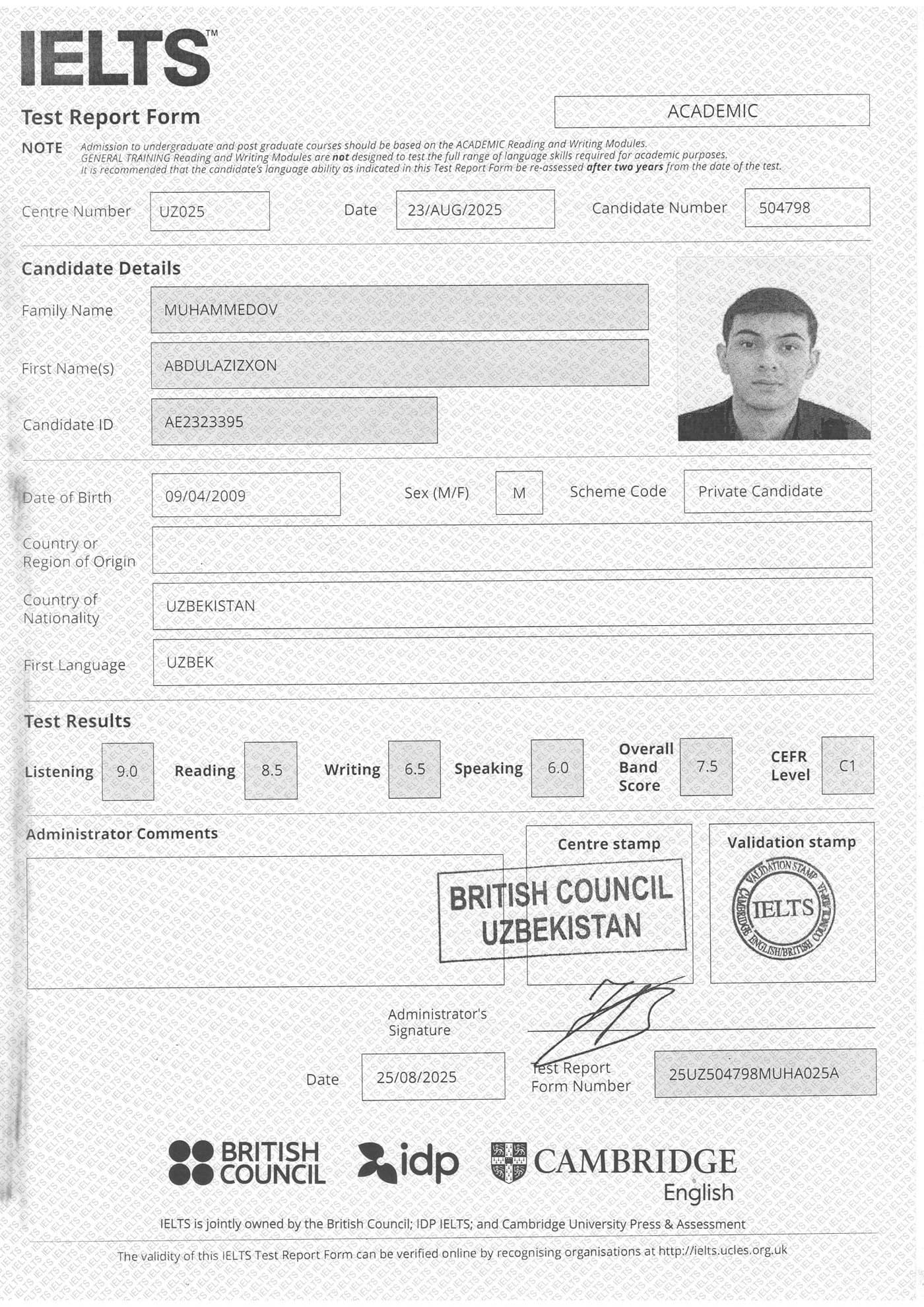 Abdulazizxon M. — IELTS 7.5