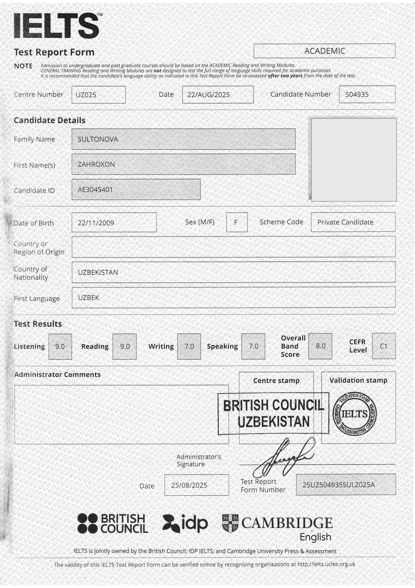 Sultonova Zahroxon — IELTS certificate