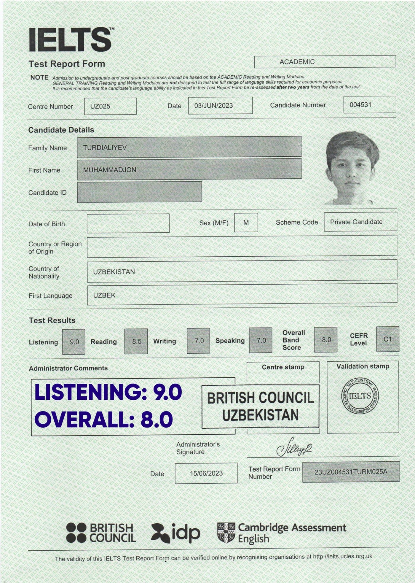 Turdialiyev Muhammadjon — IELTS certificate
