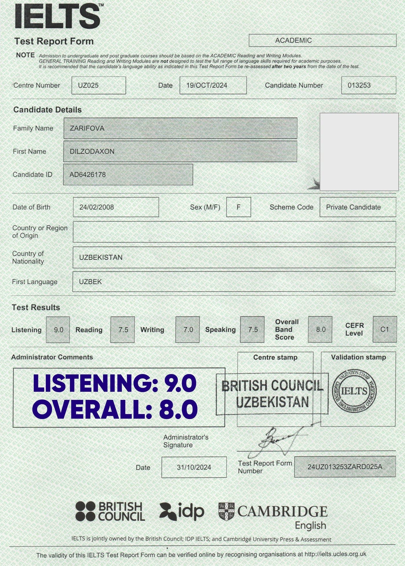 Zarifova Dilzodaxon — IELTS certificate